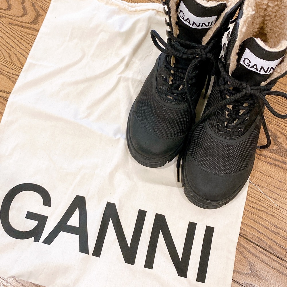 Mixed media GANNI combat boots lined with faux shearling size 36